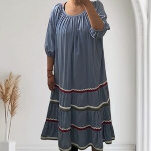 Vintage Blue 80s Resort Spring Summer Bohemian Midi Day Modest Granny Dress NWT